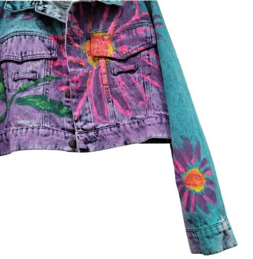 Women’s Hand Painted Flower Blast Long Sleeve Denim Jean’s Jacket