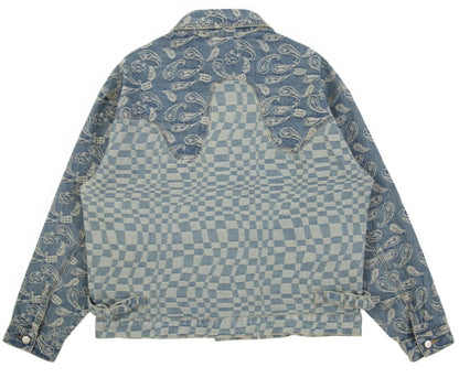 Men’s Cashew Flower Checkerboard Blue Denim Jeans Jacket Coat