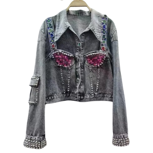 Women‘s Brassiere Bead and Gem Outline Cowgirl Style Denim Jeans Jacket Coat