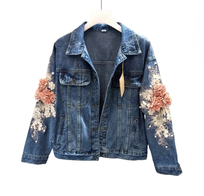 Women’s Three-dimensional Floral Dream  Denim Jeans Jacket with Pearl Beading