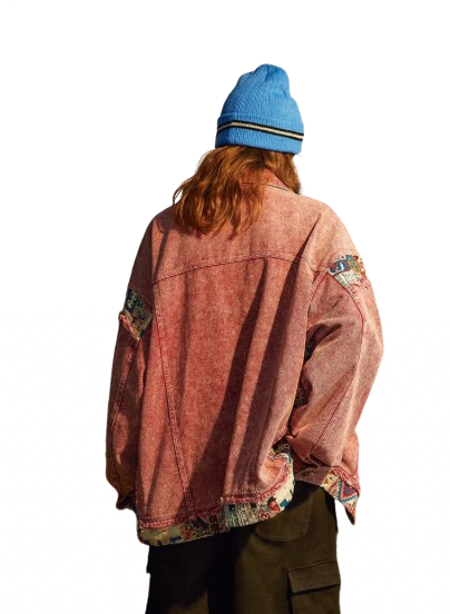 Women’s Pink Geometric Trim Oversized Denim Jeans Jacket