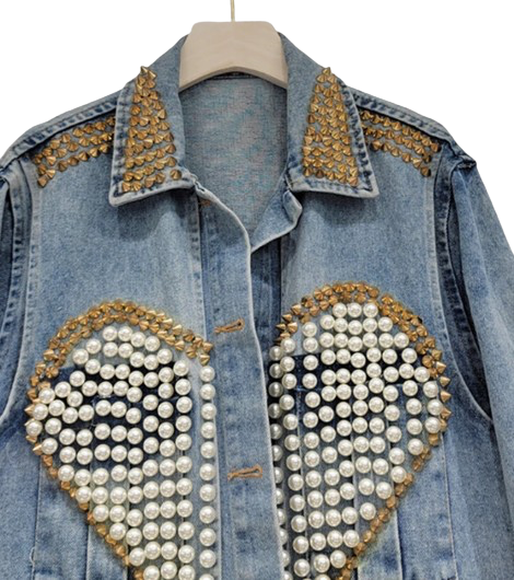 Women’s Heart of Pearl and Studs Long Sleeve Denim Jeans Jacket