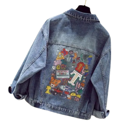 Women’s Retro Cartoonia Long Sleeved Blue Denim Jeans Jacket