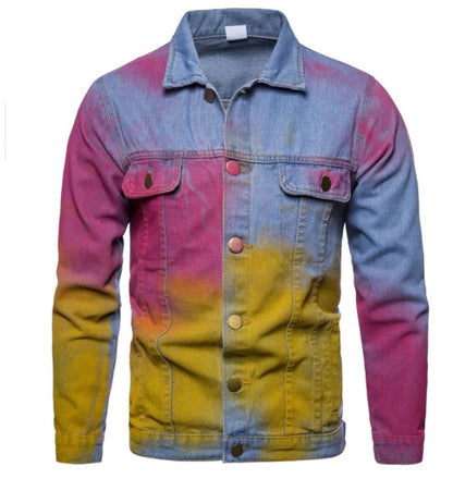 Men’s Purple and Yellow Ink splash Denim Blue Jeans Jacket