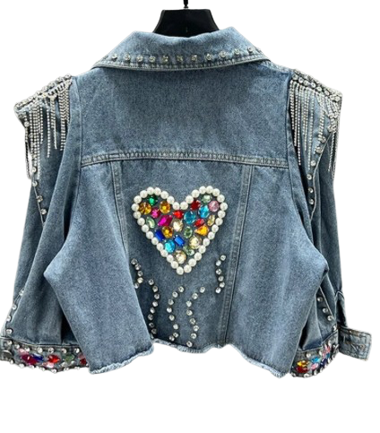 Women’s Diamanté and Pearl Heart Tassel Denim Long Sleeve Jeans Jacket Coat