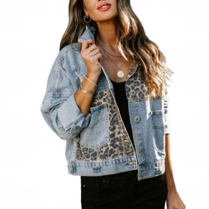 Women's Stone Washed  Long Sleeves Leopard Print Denim Jeans Jacket