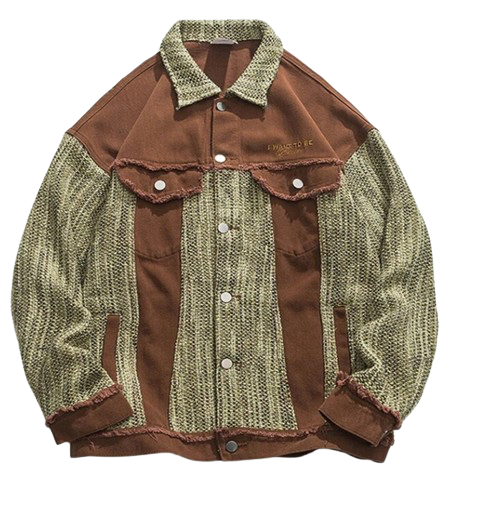 Men's Woven Patchwork Retro Green and Brown Denim Jeans Jacket