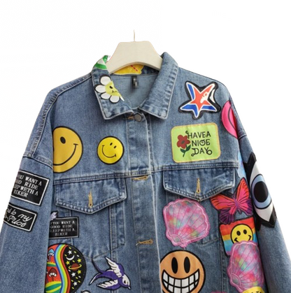 Women’s Retro Emblem Badge Denim Long Sleeve Jeans Jacket