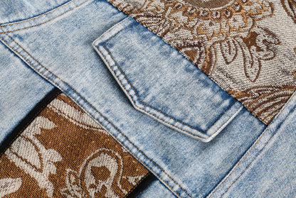 Men’s Stonewashed Retro Floral Jacquard Patchwork Denim Jean’s Jacket