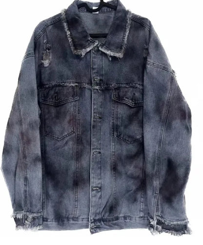 Men's Oversized Anime Splash Ink Distressed Denim Jeans Jacket Coat