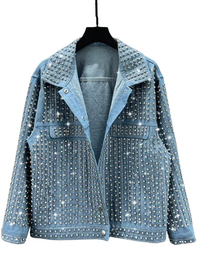 Women’s Diamanté Rhinestone Diva Long Sleeve Loose Denim Jacket Coat