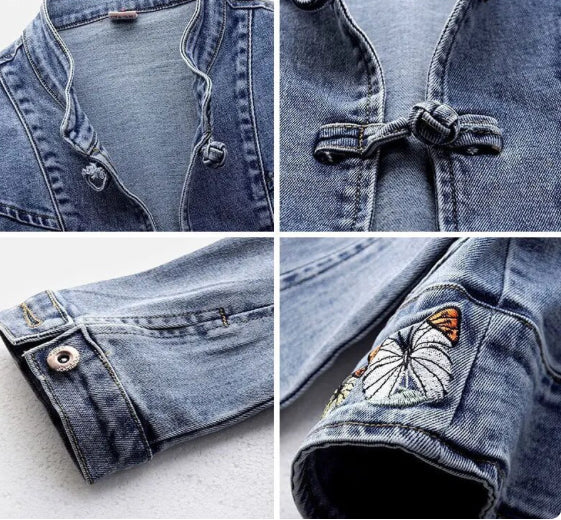 Women's Vintage Retro Chinoiserie Butterfly Embroidered Handmade Short Denim Jeans Jacket