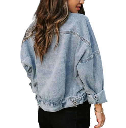 Women's Stone Washed  Long Sleeves Leopard Print Denim Jeans Jacket