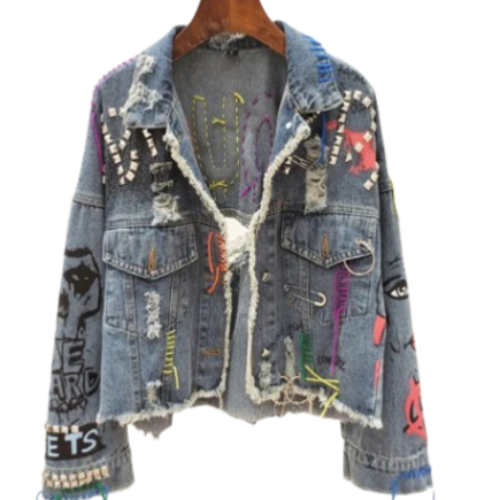 Women’s Punk Utopia Long Sleeve Denim Jeans Jacket (Dark Blue)