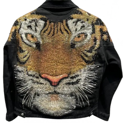 Men’s Handmade Hyper Real Beaded Tiger Head Denim Jeans Jacket Coat