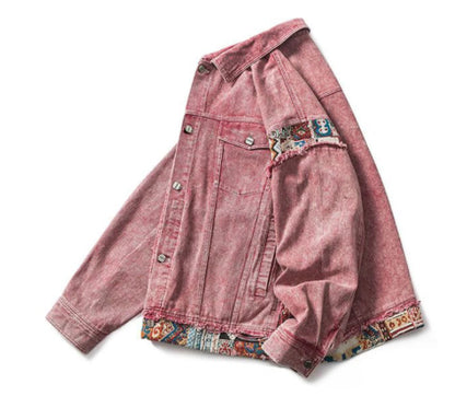 Women’s Pink Geometric Trim Oversized Denim Jeans Jacket