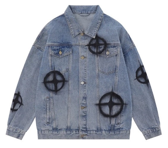 Men's Oversized Target Practice Graffiti Print Denim Jeans Jacket Coat