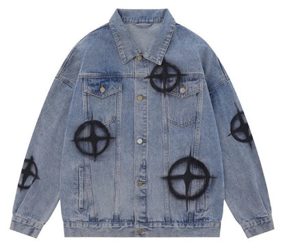 Men's Oversized Target Practice Graffiti Print Denim Jeans Jacket Coat