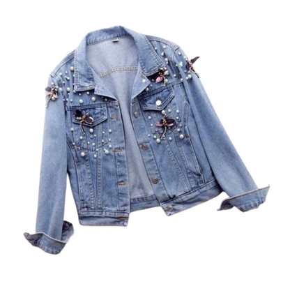 Woman’s Butterfly and Pearl Long Sleeve Denim Jeans Jacket