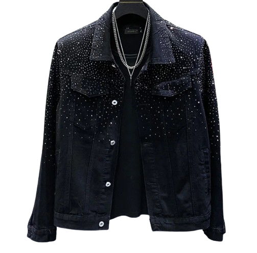 Men’s Night Sky Rhinestone Black Denim Jeans Jacket Coat