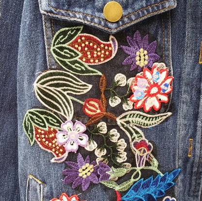 Women’s Mid Length Flower Bomb Tassel Denim Jeans Jacket