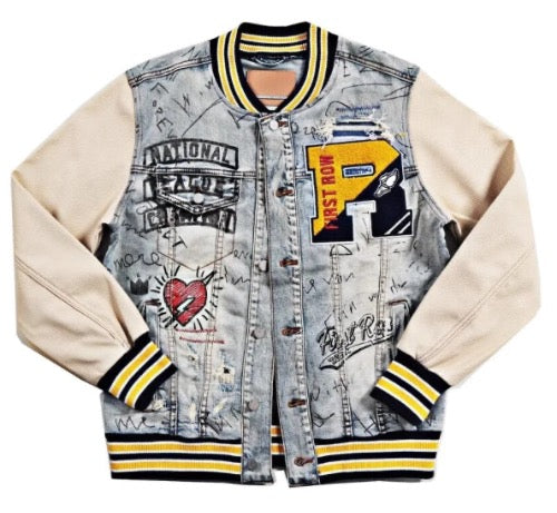 Men’s Baseball and Graffiti  Patchwork Denim Jeans Jacket Coat