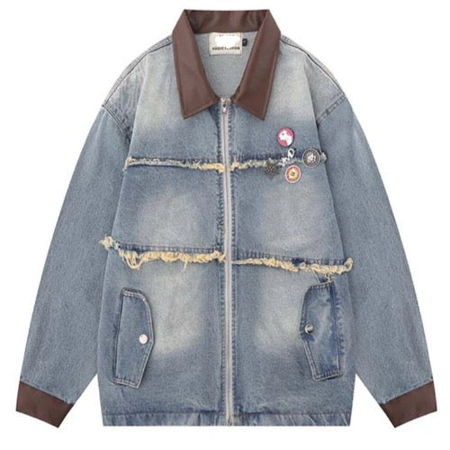 Men’s Retro Leather Trim Contrast Denim Jeans Jacket Coat