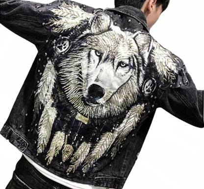 Men’s Detailed Sequin Spirit Wolf Handmade Denim Jean Jacket