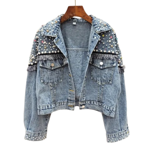 Women's Handmade Loose Fit Pearl and Stars Denim Jacket