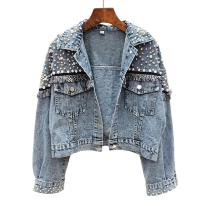 Women's Handmade Loose Fit Pearl and Stars Denim Jacket