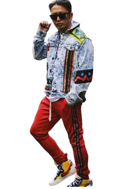 Men’s Power To The People Tribal Style  Patchwork Denim Jeans Jacket Coat