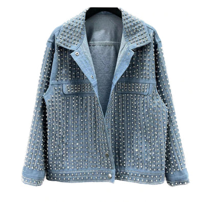 Women’s Diamanté Rhinestone Diva Long Sleeve Loose Denim Jacket Coat