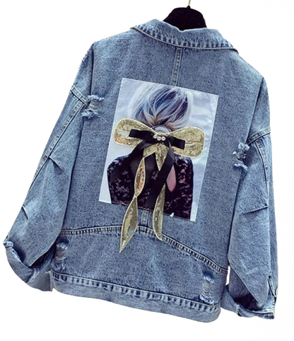 Women’s Three Dimensional Bow Long Sleeve Denim Jacket