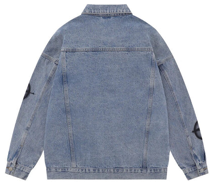 Men's Oversized Target Practice Graffiti Print Denim Jeans Jacket Coat