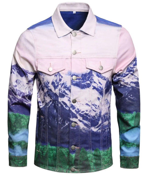 Men’s Mountain Peak Print Denim Jeans Jacket Coat