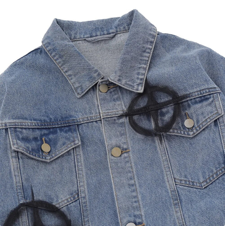 Men's Oversized Target Practice Graffiti Print Denim Jeans Jacket Coat