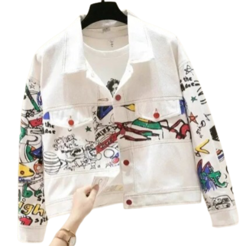 Women's White Cartoon Graffiti Denim Jean Jacket