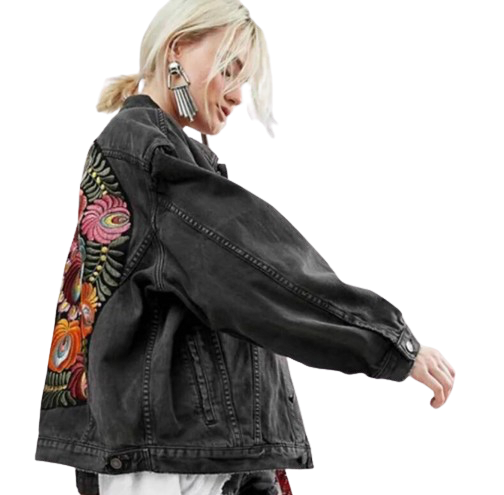 Women’s Oversized Bohemian Embroidered Floral Tapestry Denim Jeans Jacket