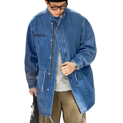 Men's Mid-length Retro Denim Fishtail Trench Overcoat Jacket