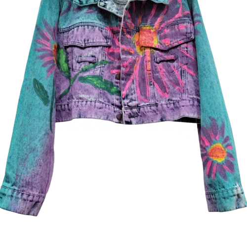 Women’s Hand Painted Flower Blast Long Sleeve Denim Jean’s Jacket