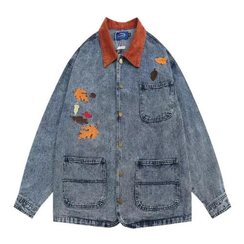 Men’s Embroidered Autumn Leaf Utility Style Denim Jeans Jacket Coat