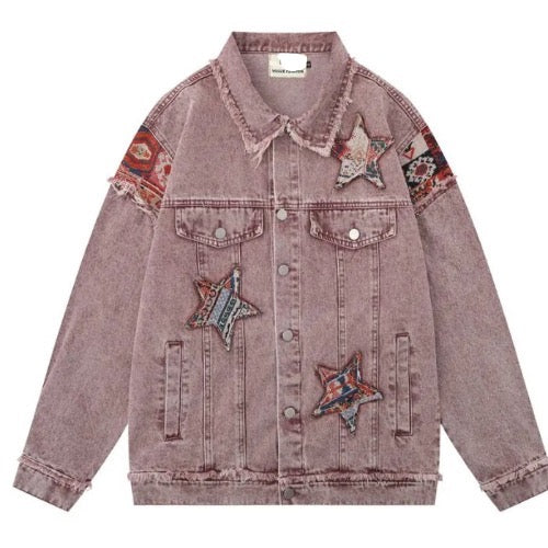 Unisex Bohemian Jacquard Star Denim Jacket Coat