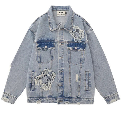 Unisex Retro Chic Ruffle Edge Spider Denim Jeans Jacket Coat