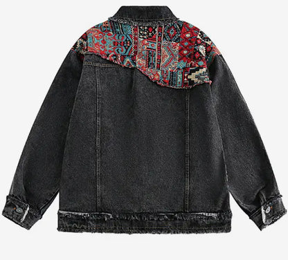 Men’s Bohemian Tapestry Woven Geometrics Patchwork Denim Jeans Jacket Coat