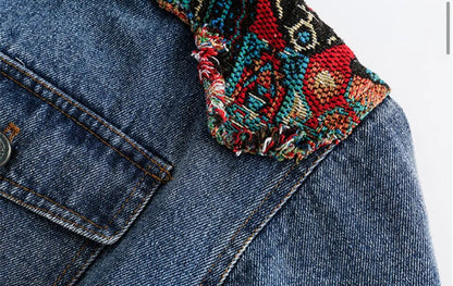 Men’s Bohemian Tapestry Woven Geometrics Patchwork Denim Jeans Jacket Coat