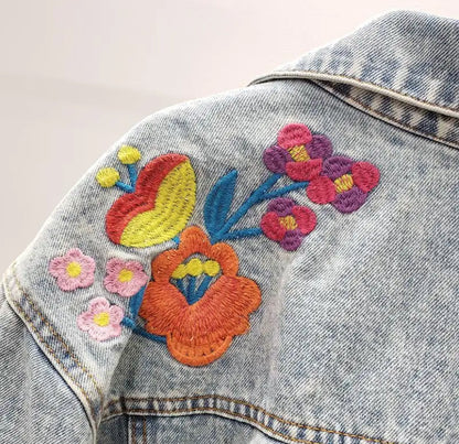 Women's Embroidered Floral Tapestry Dream Denim Jeans Jacket Coat