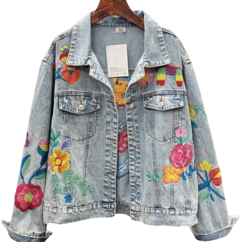 Women's Embroidered Floral Tapestry Dream Denim Jeans Jacket Coat