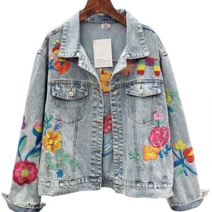 Women's Embroidered Floral Tapestry Dream Denim Jeans Jacket Coat