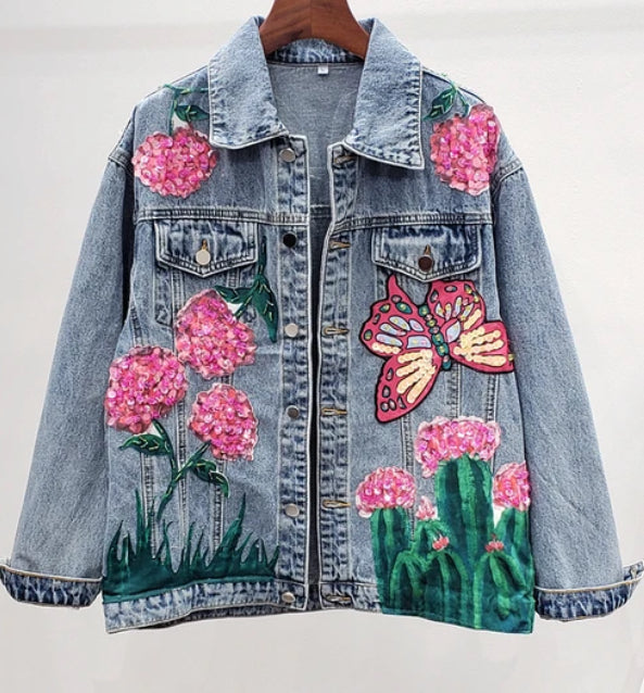 Women’s Butterfly Garden Embellished Bead and Sequins Denim Jeans Jacket Coat