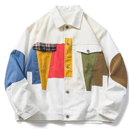 Unisex Retro Colour Block Collage Denim Jacket Coat